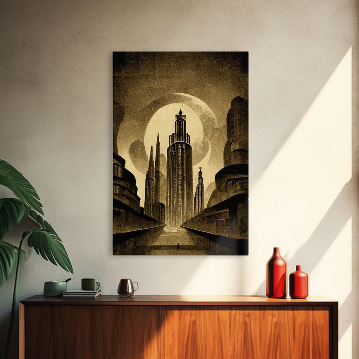 Dystopian Metropolis Art Deco Canvas Print, City Skyline, Fantasy Art, Art Deco Living Room Art, ready to hang wall art