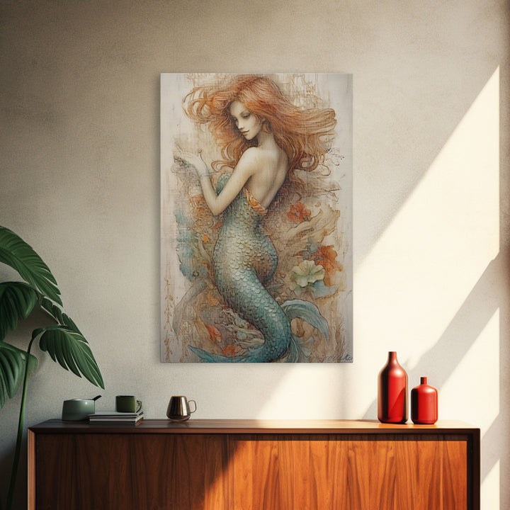 Fancy Mermaid Wall Art, 24" x 36" Canvas Print, French Style Poster Wall Art, Vintage Wall Hanging, Coastal Bathroom Decor
