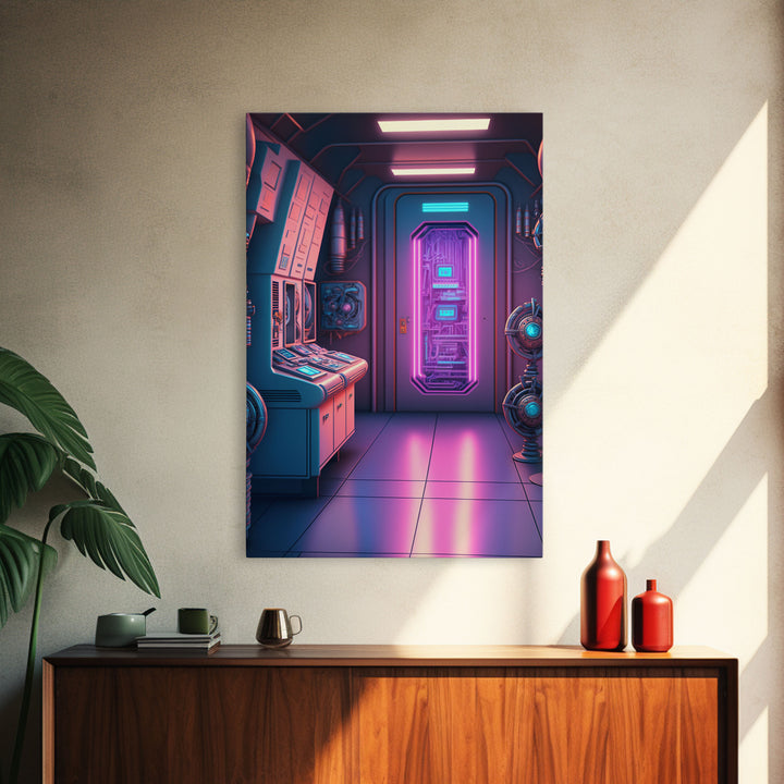 Vaporwave Futuristic Cyberpunk Space Ship Control Room, Framed Canvas Print, Scifi Art