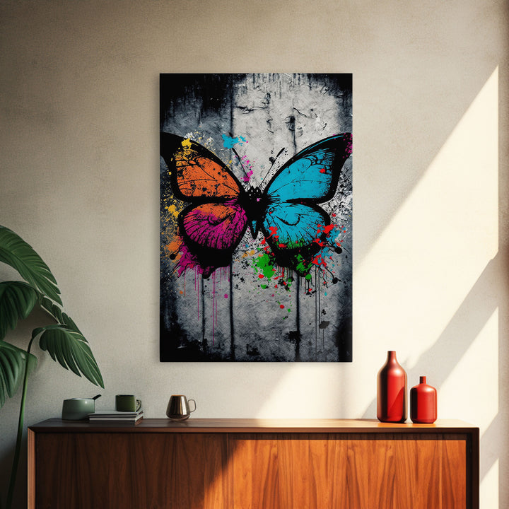 Graffiti Butterfly Art, Framed Canvas Print, Large Wall Art, Contemporary Punk Art, Butterflies, Pop Art, Paint Splatter Art