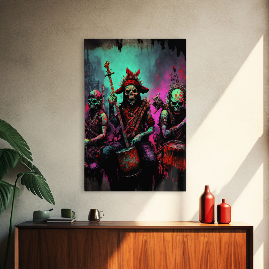 Death Metal Skeletons, Medieval Heavy Metal Undead Band Art, Framed Canvas Print, Unique Office Large Wall Art, Mancave Art