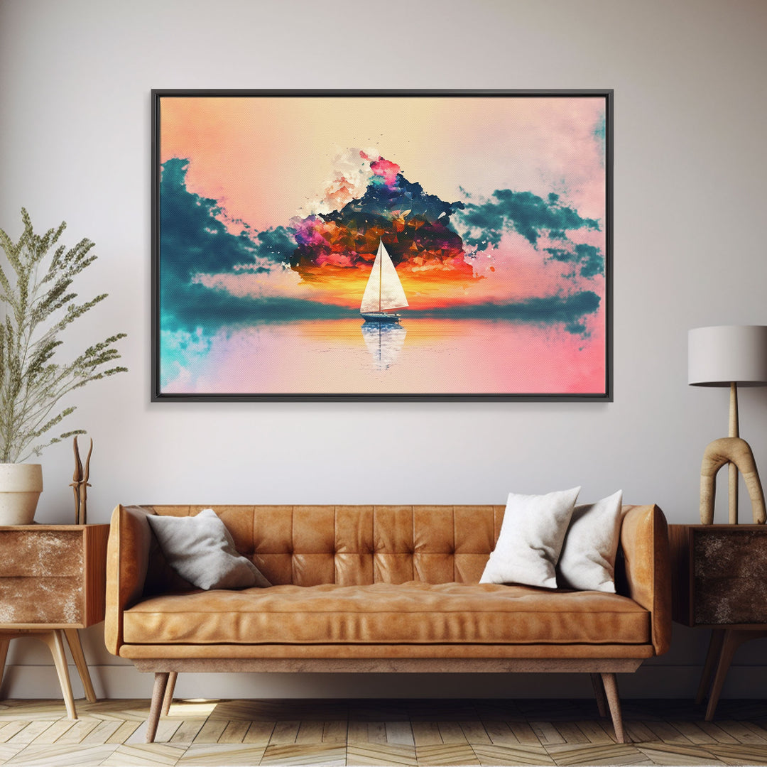 Sailing at Sunset, Watercolor, Framed Canvas Art, Stretched Canvas Print, Nautical Sailing Outrun Style Sunset Art