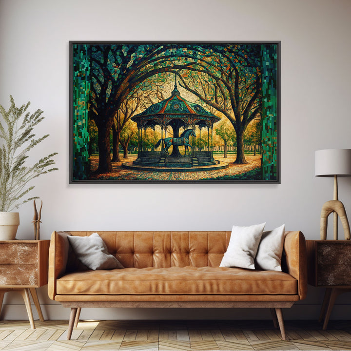 Framed Canvas Print, Painting of a Vintage carousel, Stained Glass Style Wall Art
