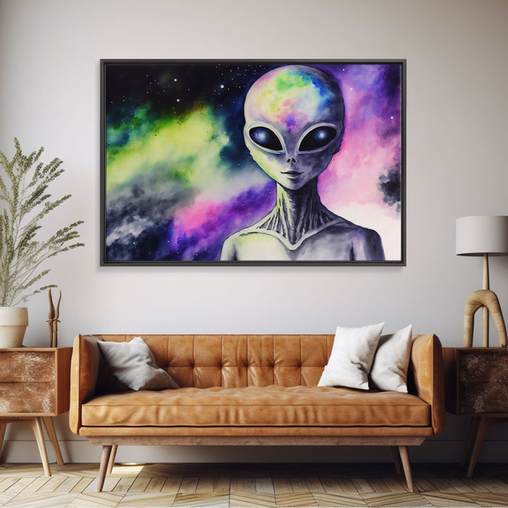 Psychedelic Intergalactic Alien Art, Watercolor Style, Framed Canvas Print, Scifi Wall Art