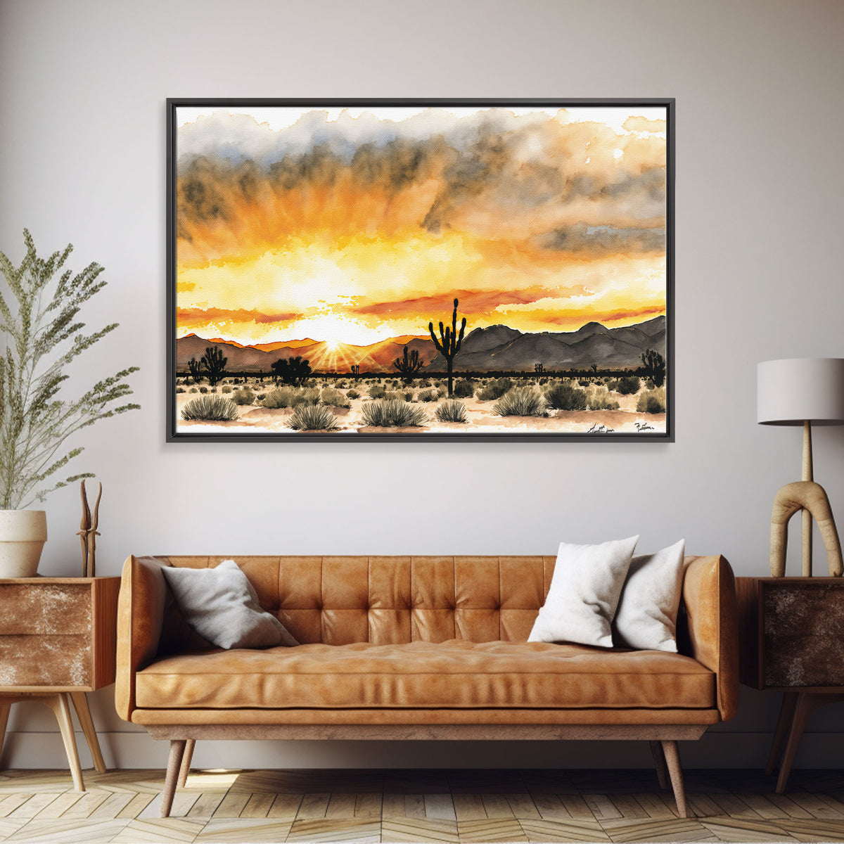 Watercolor Arizona Desert Landscape, Framed Canvas Print, Original Painting Print, Huge Living Room Wall Art, Southwest Western Decor