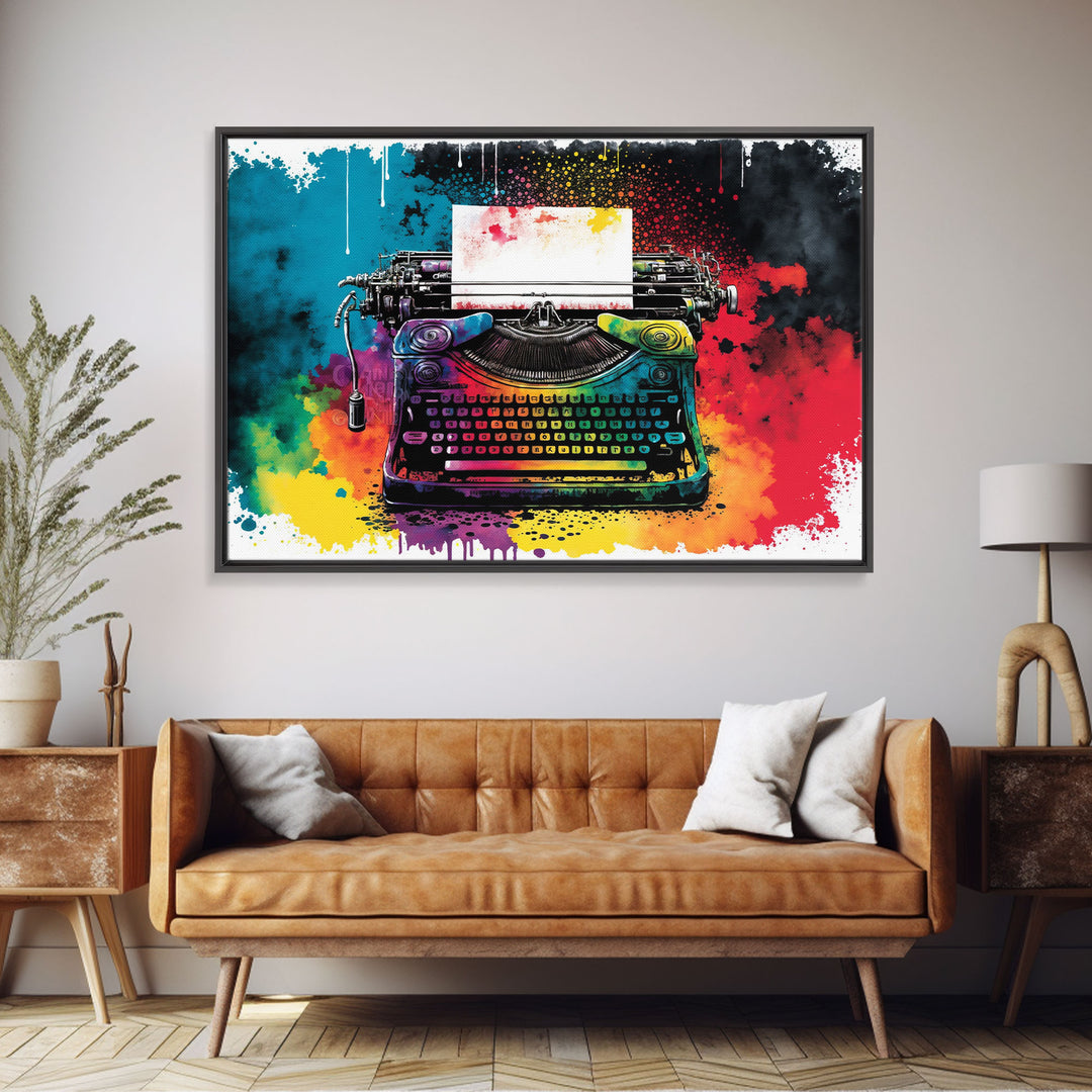 Watercolor Painting of an Antique Vintage Typewriter, Canvas Print, Framed Canvas Art, Original Art, Retro Pop Art Graffiti Style Decor