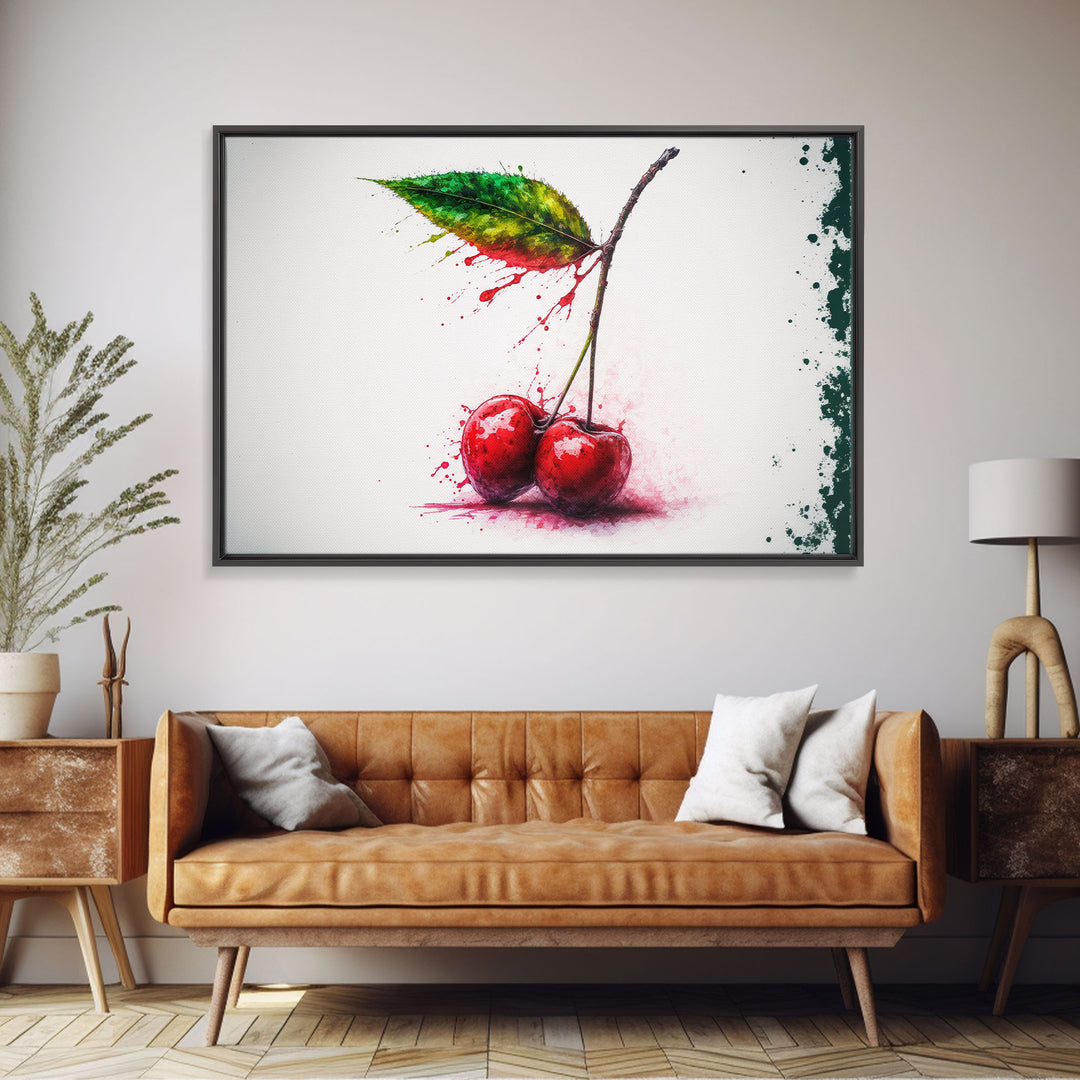 Watercolor Cherry, Still Life Paint Splatter Art, Framed Canvas Print, Fruit Art, Cherries with Stems Watercolor Painting