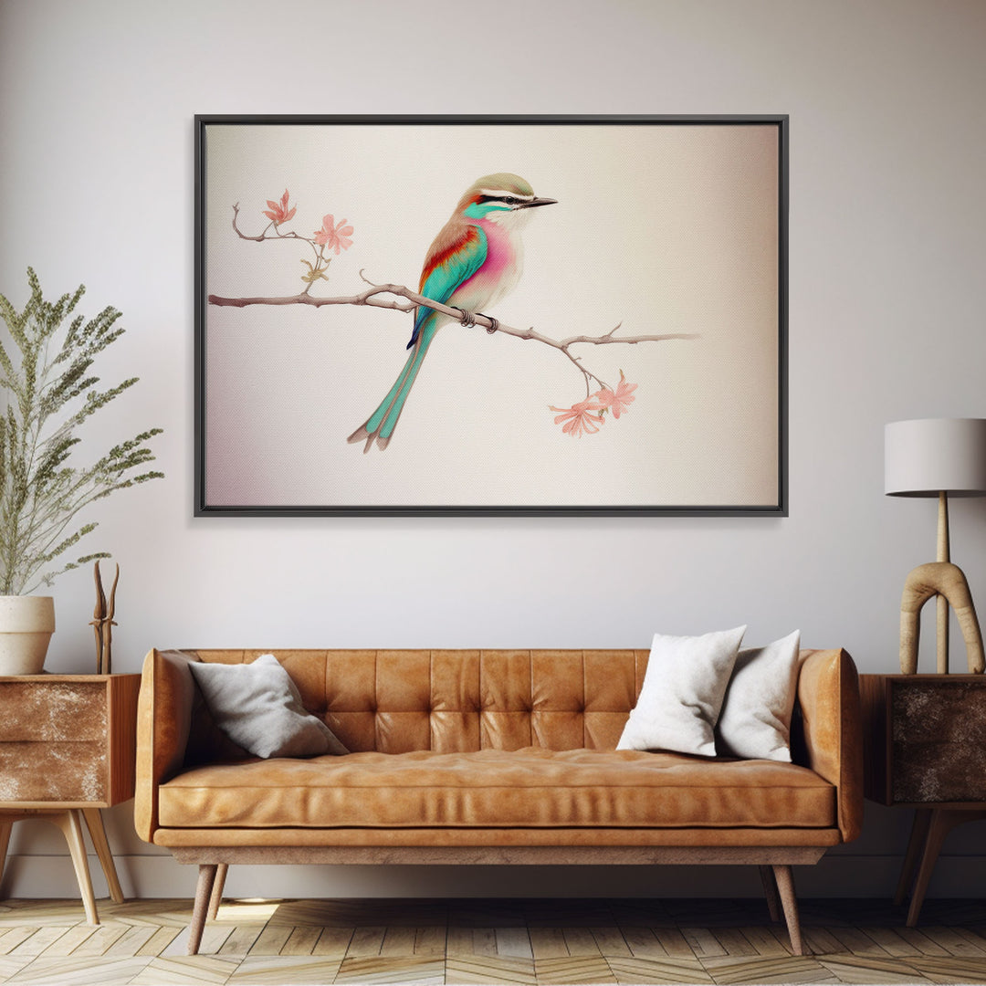 Colorful Oriole Bird On a Branch, Watercolor, Framed Canvas Print, Birdwatcher Art