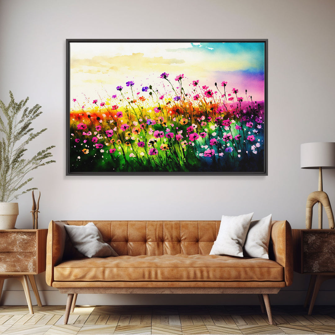 Field Of Rainbow Colored Wild Flowers, Watercolor, Framed Canvas Print, Original Art, Large Format Art, huge living room art