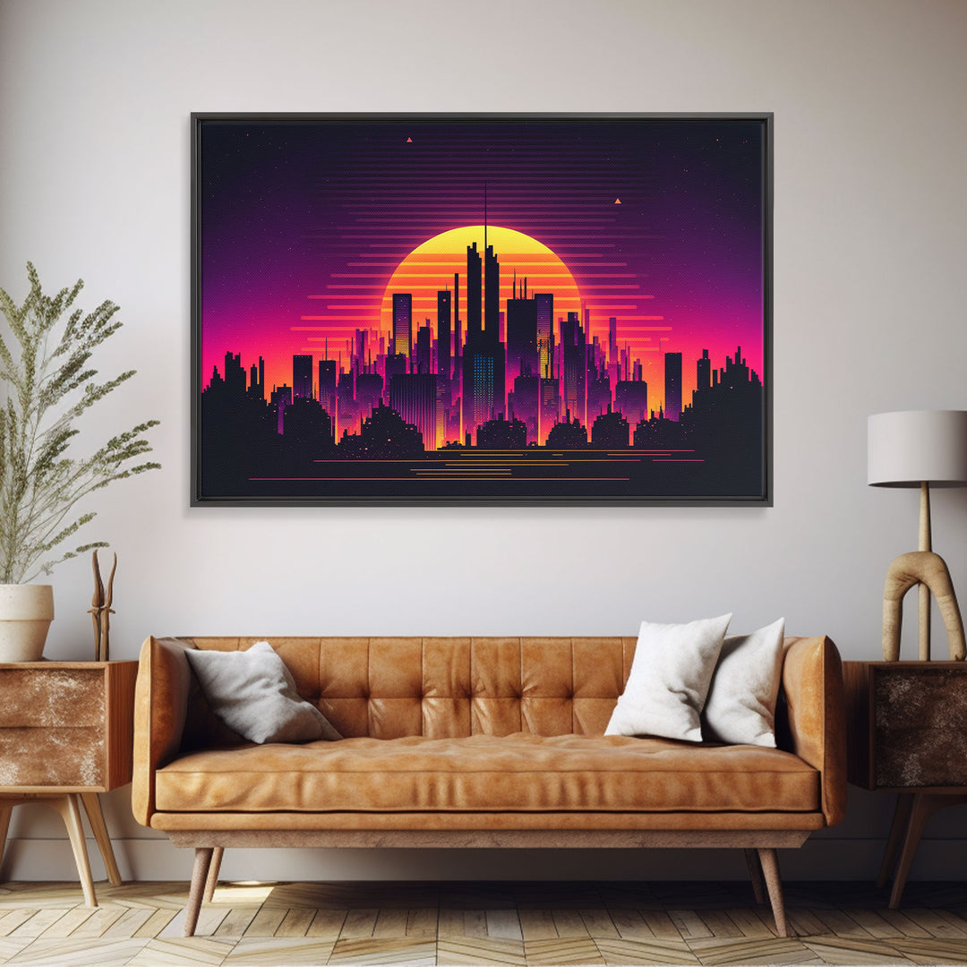 Outrun Style Futuristic Cyberpunk City Skyline at Sunset, Concept art, framed canvas print, dystopian art