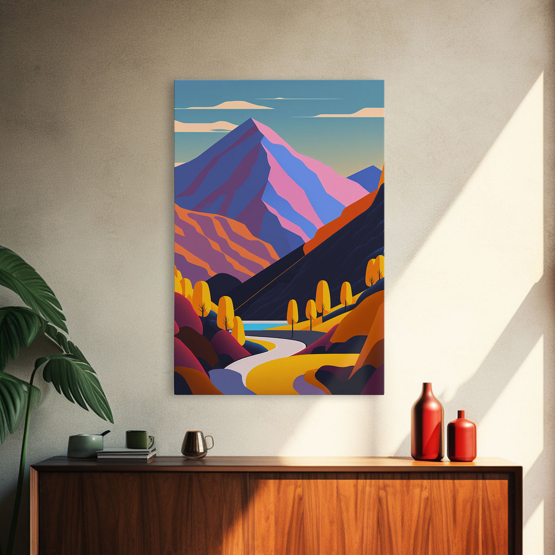 Retro Style Purple Mountain Landscape, Framed Canvas Print, MCM Style Art, Framed Wall Art, Wall Decor, Living Room / Guest Room Art