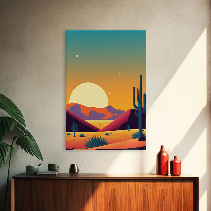 Framed Canvas Print - Pop Art Desert Landscape at Sunset - Ready to Hang Wall Art - Retro Desert Prints - Minimalist Art