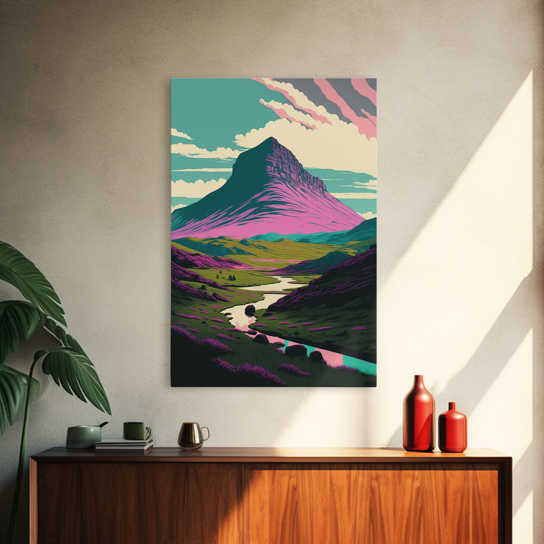 Retro Style Purple Mountain Landscape, Framed Canvas Print, MCM Style Art, Framed Wall Art, Wall Decor, Living Room / Guest Room Art