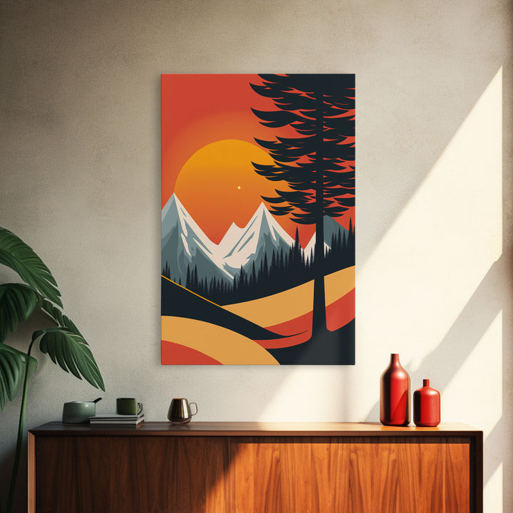 Retro Landscape Art, Sunset Over The Mountains, Framed Canvas Print, Minimalist Pop Art, Above Sofa Living Room Art, Entryway Art