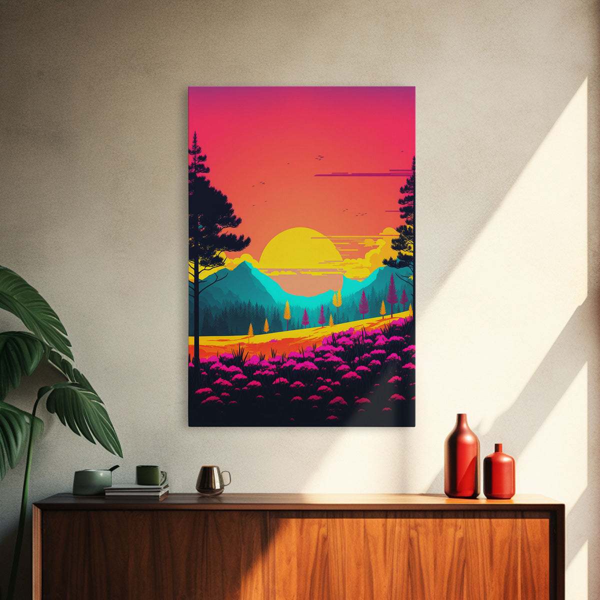 Retro Pop Art Landscape, Surrealist / Psychedelic Art, Framed Canvas Print, Nature Art