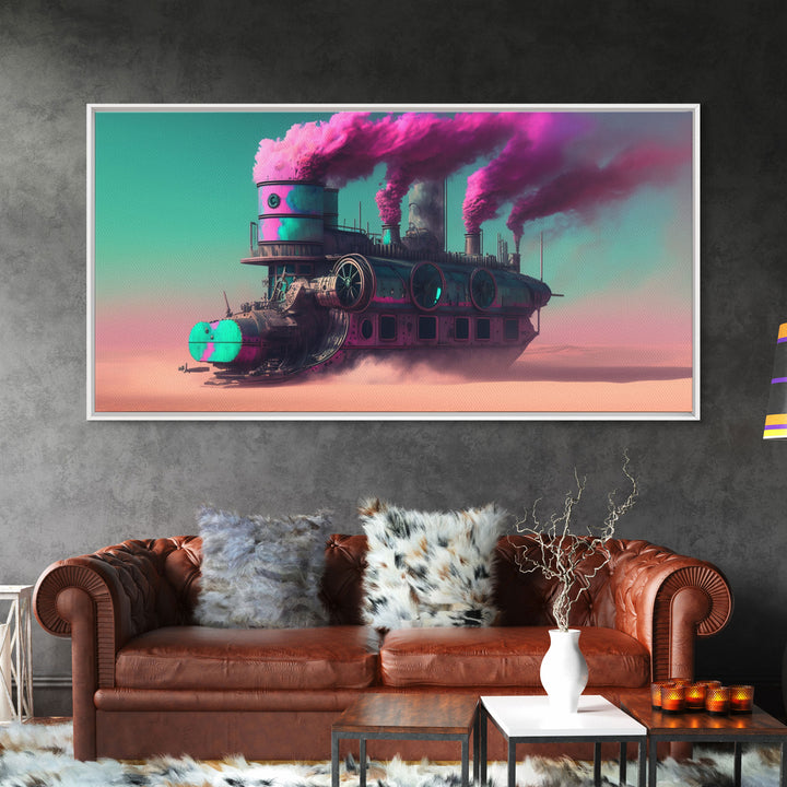 Futuristic Steampunk / Cyberpunk Mashup Art, Steampunk Riverboat In A Desert, Framed Canvas Print, Scifi Wildwest Decor