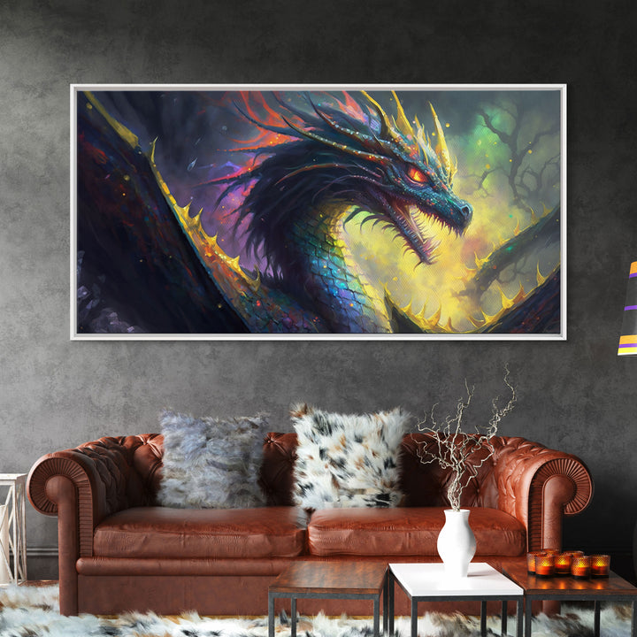 Psychedelic Fire Breathing Horned Dragon, Framed Canvas Print, Colorful Fantasy Wall Art, Videogame Concept Decor