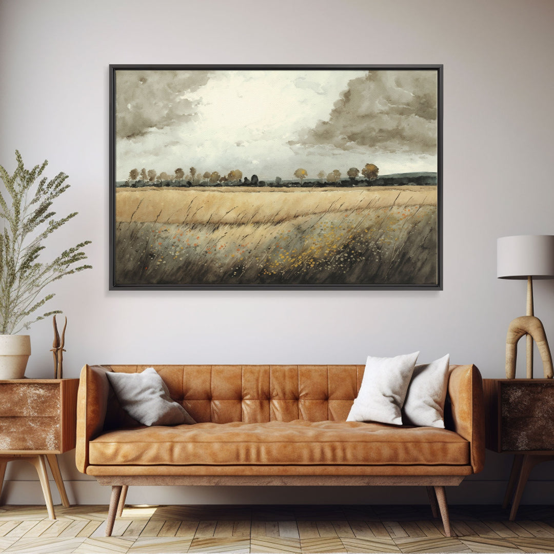 Moody Country Landscape Canvas Print Painting | Vintage Wall Art | Subdued Wall Art | Framed Canvas | Muted Monochromatic Landscape Art