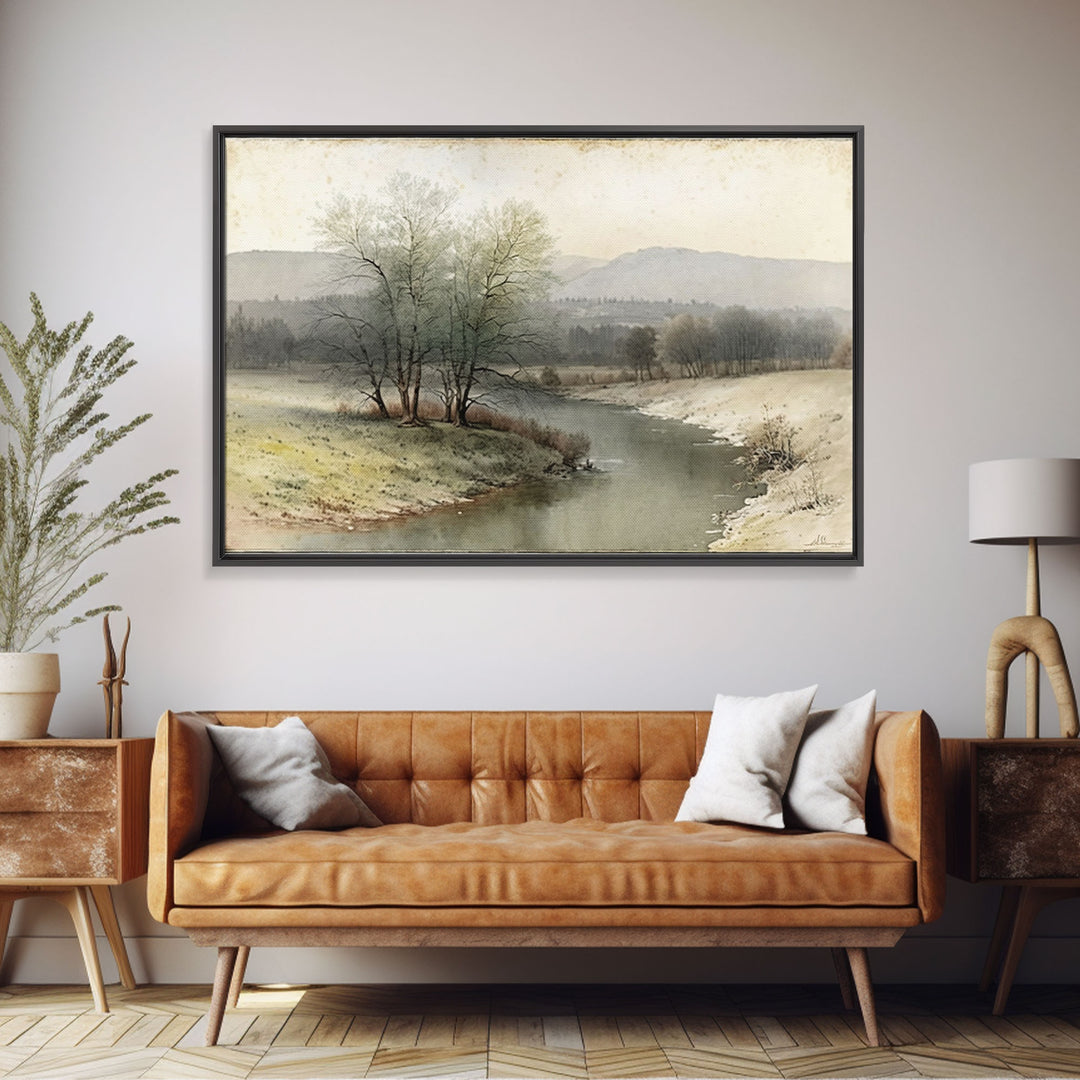 Rustic Vintage Landscape Wall Art Print, Nature Framed Large Gallery Art, Minimalist Art Ready to Hang, With Hangers, Muted Farmhouse Art