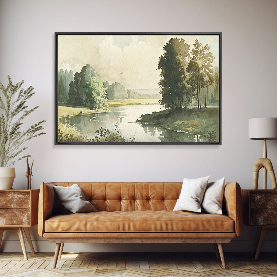 Wall Art, Vintage Landscape Framed Canvas Print, Wall Decor with hanging kit, Rustic Farmhouse Decor, Primitive Art, Early American Style