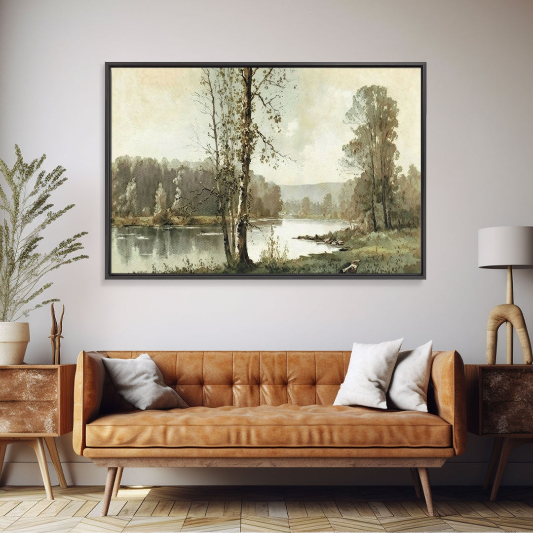 Vintage Landscape Wall Art Canvas Print, Sketch Natural Framed Large Gallery Art, Minimalist Art Ready to Hang, Framed Farmhouse Art