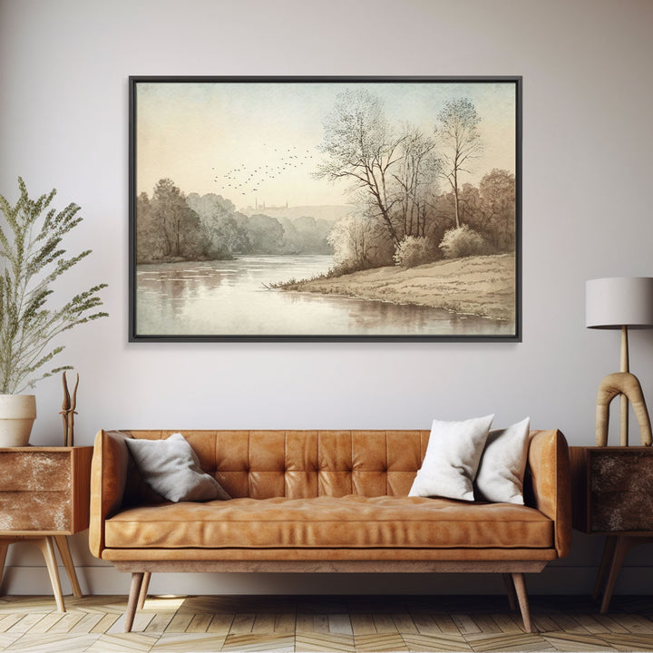 Farmhouse Wall Art, Retro / Vintage Style Landscape, Framed Canvas Print, Boho Style Minimalist Art, Framed Wall Art