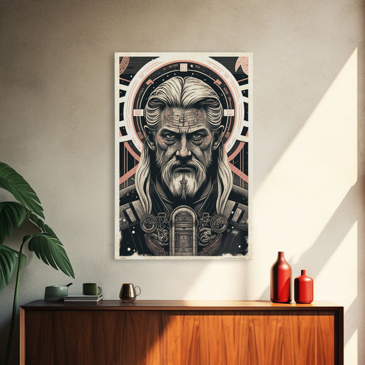 Grunge / Cyberpunk Odin, Norse Mythology, Wall Art, Framed Canvas Print, Futuristic Portrait of Odin