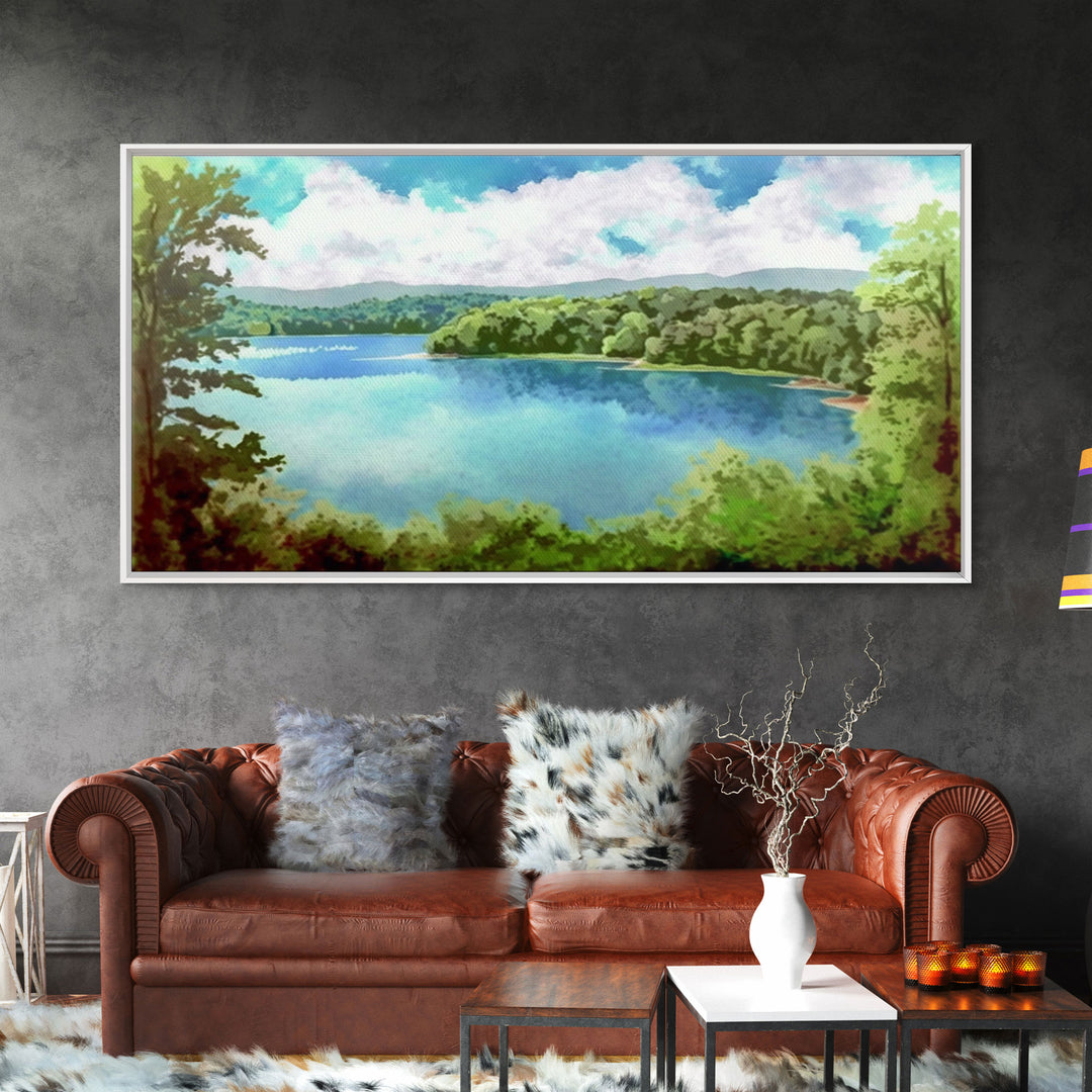 Lake Landscape, Lake Painting, Beach House Decor, Vintage Landscape, Scenery Print, Framed Canvas Print, Framed Art, Pacific Northwest Art