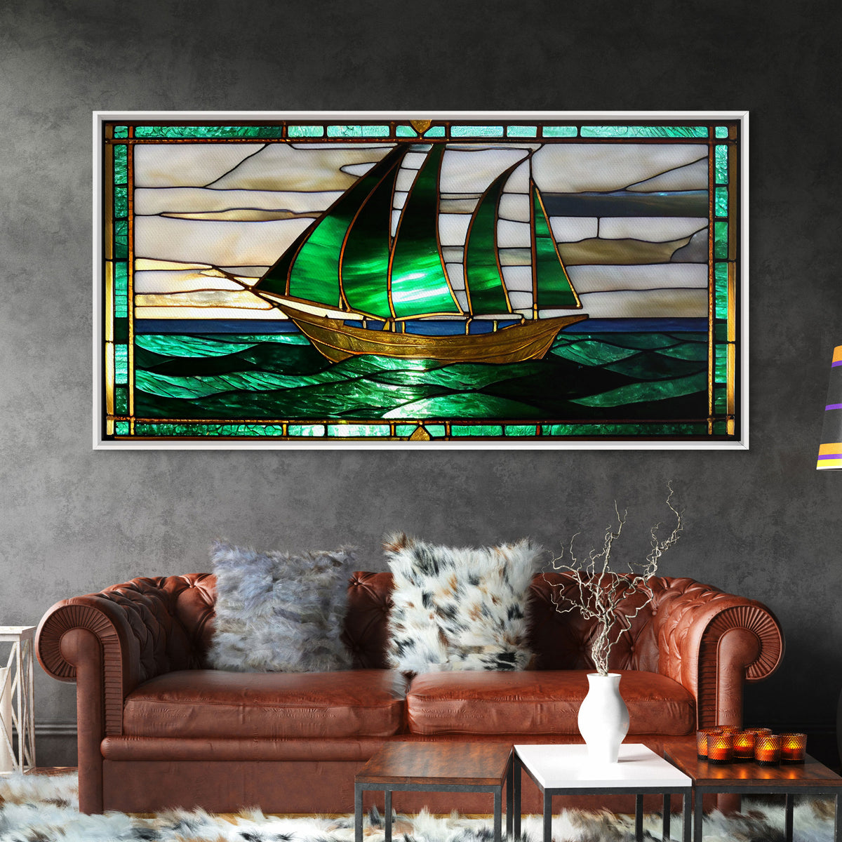 Emerald Green and Gold Art Deco Sail Boat, Framed Canvas Print, Retro MCM Style Wall Art, Midcentury Modern, Vintage Style, Stained Glass