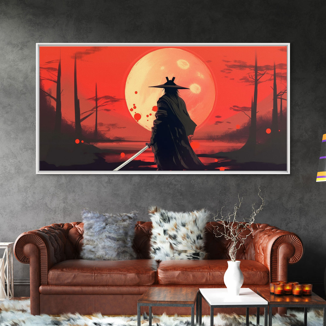 Mysterious Samurai and Blood Moon Print on Canvas, Framed Canvas Print, Modern Wall Art, Canvas Wall Set , Extra Large Wall Art, Warrior Art