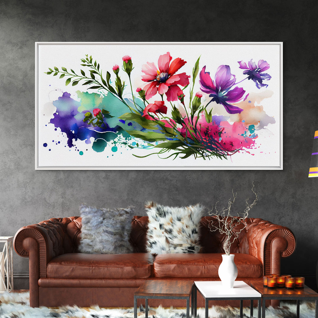 Red and Purple Wild Flowers Wall Art, Framed Canvas Print, Mother's Day, Gift For Mom, Farmhouse Decor, Rustic Watercolor Painting