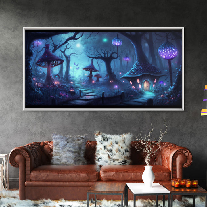 Magical Mushroom Fantasy Forest Wall Art, Framed Canvas Print, Game Room Art, Fantasy Decor