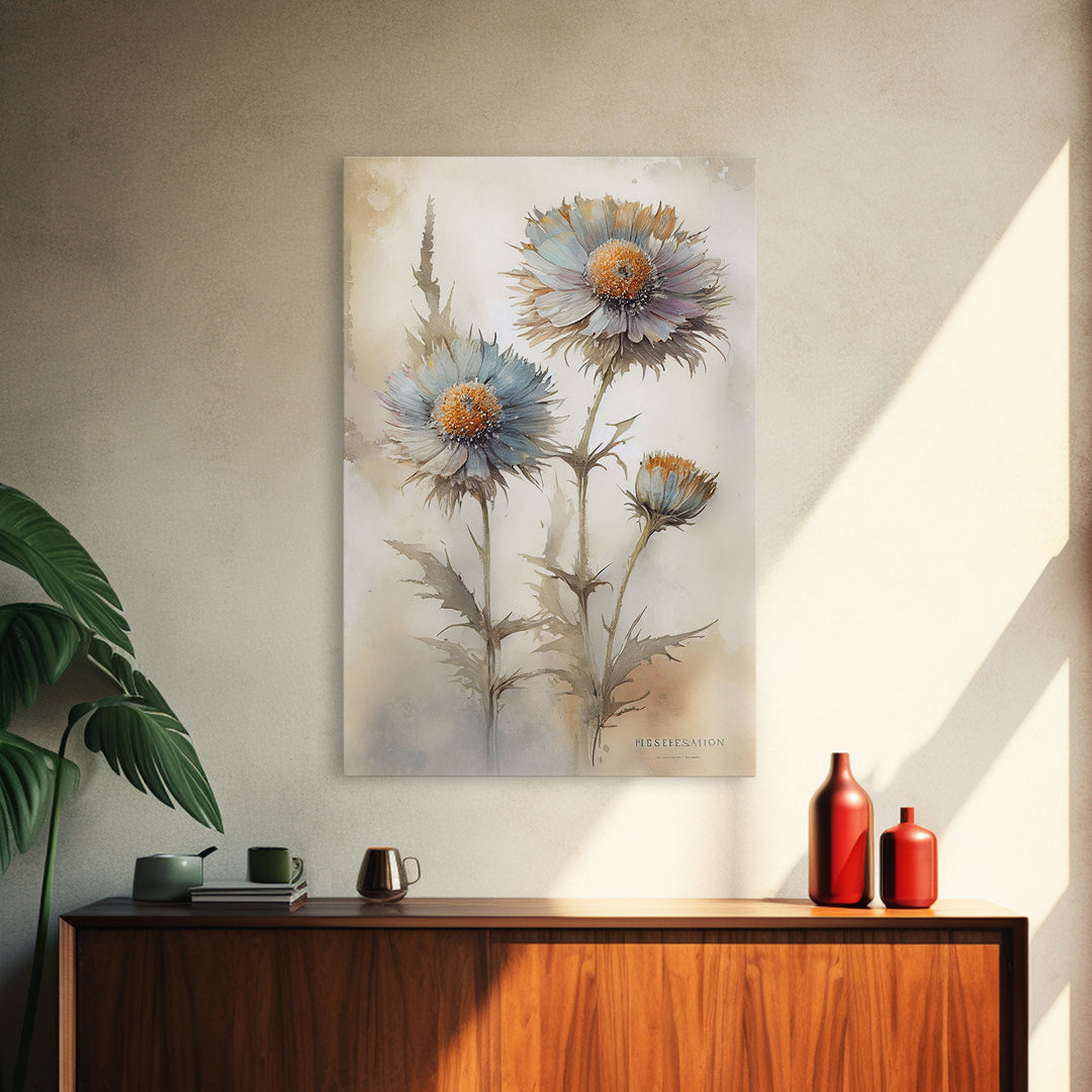 Vintage Style Dandelion Framed Canvas Art, Vintage Floral Print, Vintage White Roses Painting, Still Life Botanical Farmhouse print, Flowers