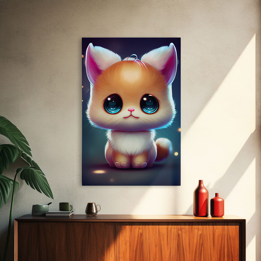 Cute Kawaii Kitten, Anime Style Art, Framed Canvas Print, Framed Art, Cat Portrait, Cartoon Cat, Kawaii Artwork