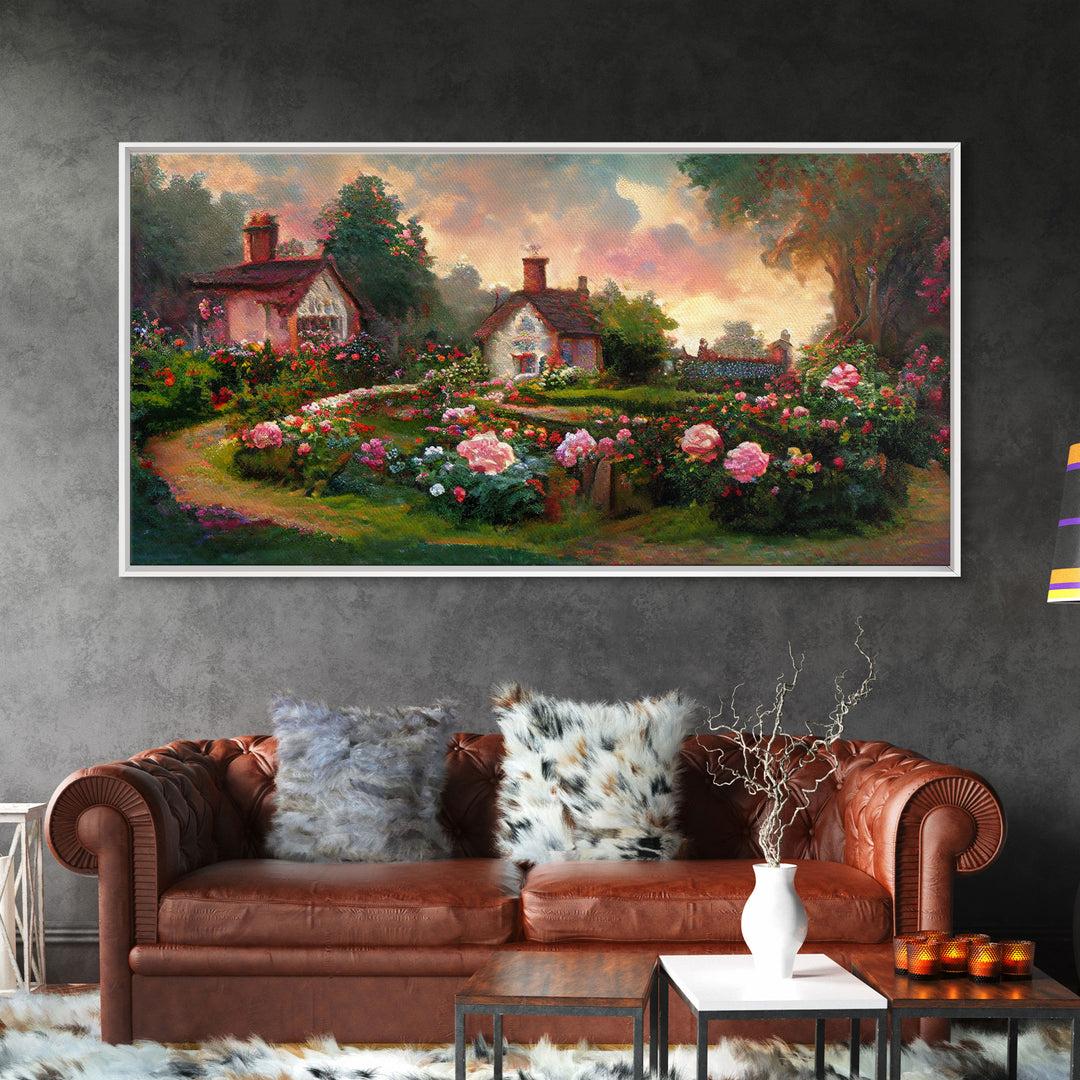 English cottage with rose garden, canvas print, cute English countryside wall art