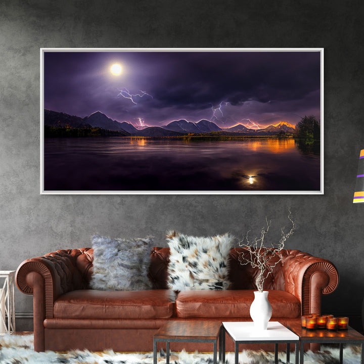 Full moon canvas print, Lightning storm over a mountain lake at night, cool wall art, awesome wall art