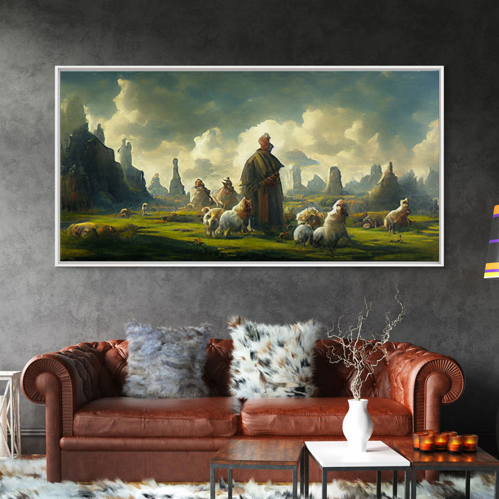 Shepherd and his flock, sheep painting, farmhouse art, watercolor canvas print, Giclee print