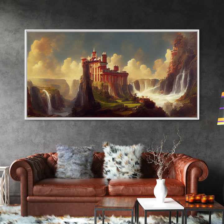 Fantasy wall art, canvas print, castle in the sky, castle atop mountains and waterfalls, watercolor