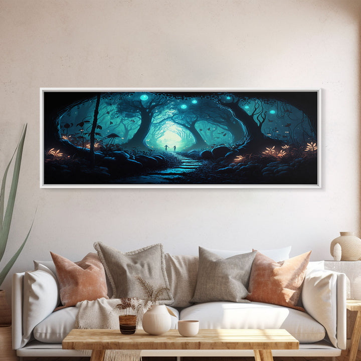 The mycelium Networrk, Fantasy Art, Framed Canvas Print, Bioluminescent Fantasy Forest At Night, Blue Glowing Ambience Art