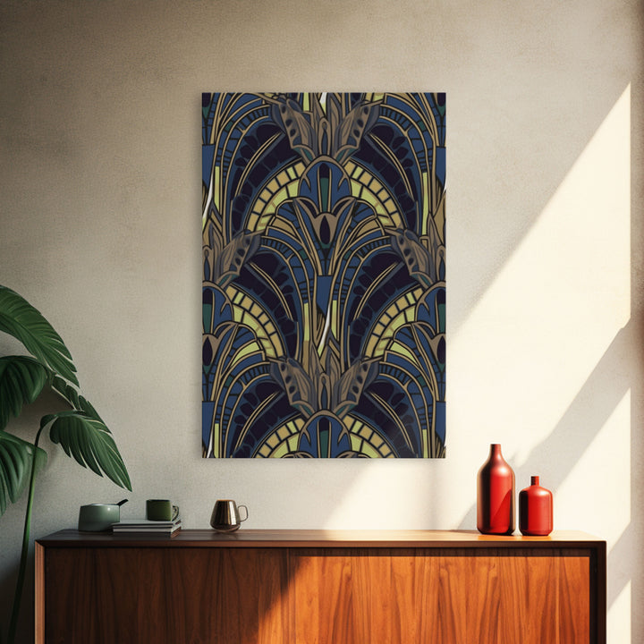 Midcentury Modern Wall art - Framed Canvas Print - Art Deco - Blue colors - Stained glass art - Patterns art - Mosaic art - Living room art
