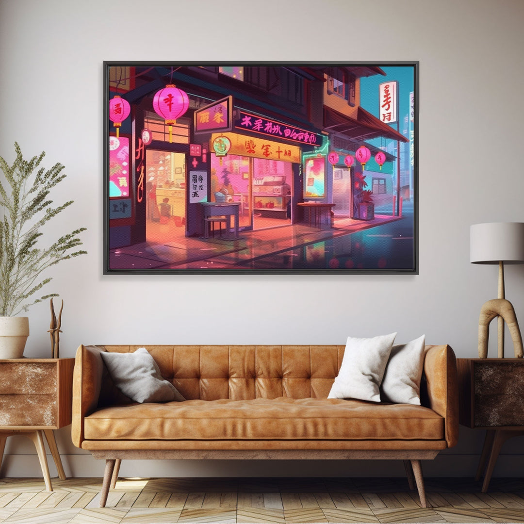 Sushi Shop Wall art, Framed Canvas Print, Living room decor, Pop Art Style, Neon lights, Japanese Art, Wall decor