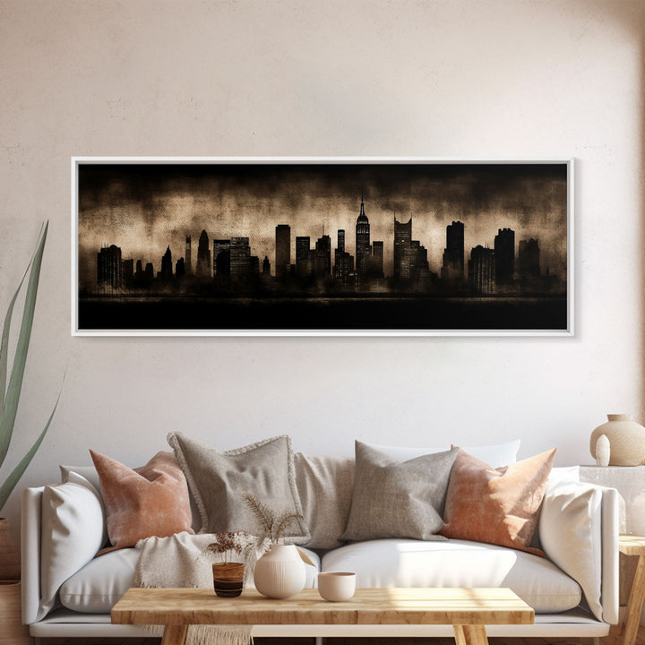 City Skyline Grunge Wall Art Canvas Print, City Art, Dark Urban Art, Large Urban Art Print, Wall Decor, Panoramic, Wall Art, Canvas Print