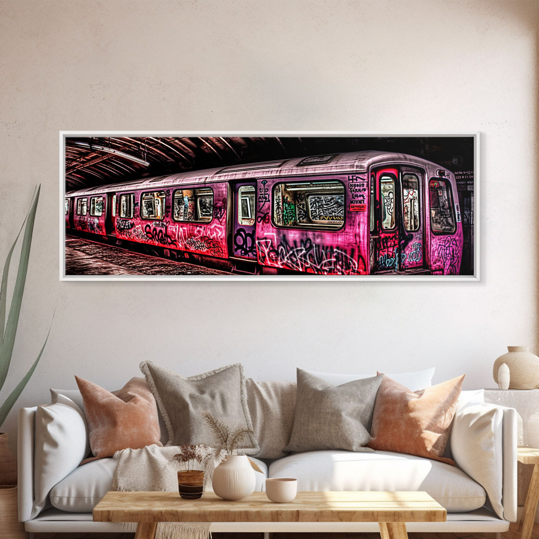 Pink Subway Train Canvas Art Print, Abandoned Train, Graffiti Art, Wall Decor, Large Framed Canvas Print, Panoramic, Wall Art, Canvas Print