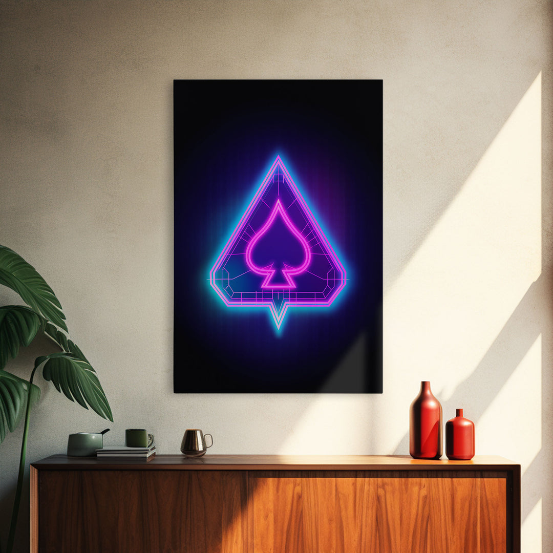 Glowing Neon Lights Pink Spades Wall Decor, Poker Wall Art, Cards, Minimalist Print, Wall Decor, Canvas Print, Wall Art, Framed Canvas