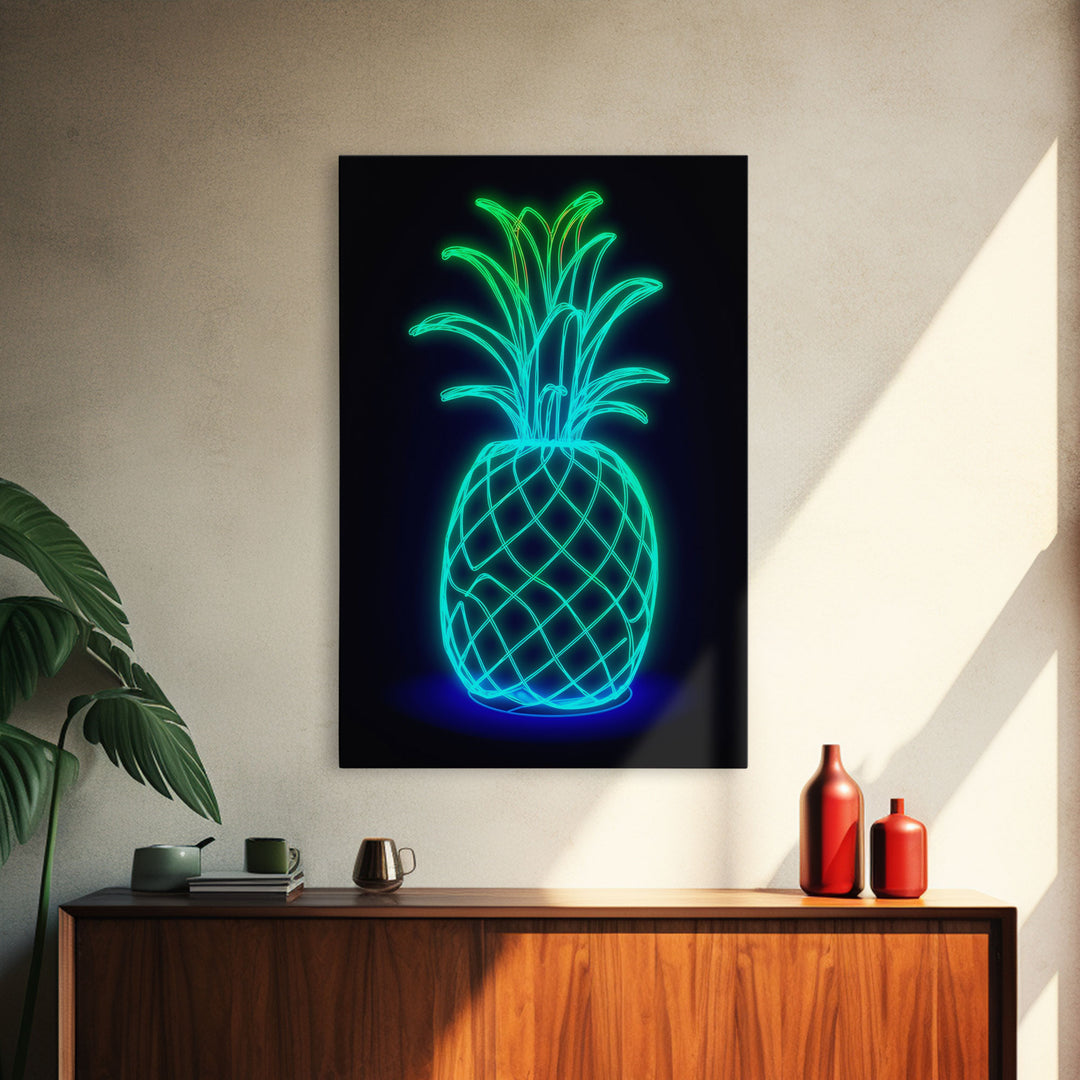 Green Neon Lights Pineapple Wall Decor, Fruit Art, Kitchen Wall Art, Minimalist Print, Wall Decor, Canvas Print, Wall Art, Framed Canvas
