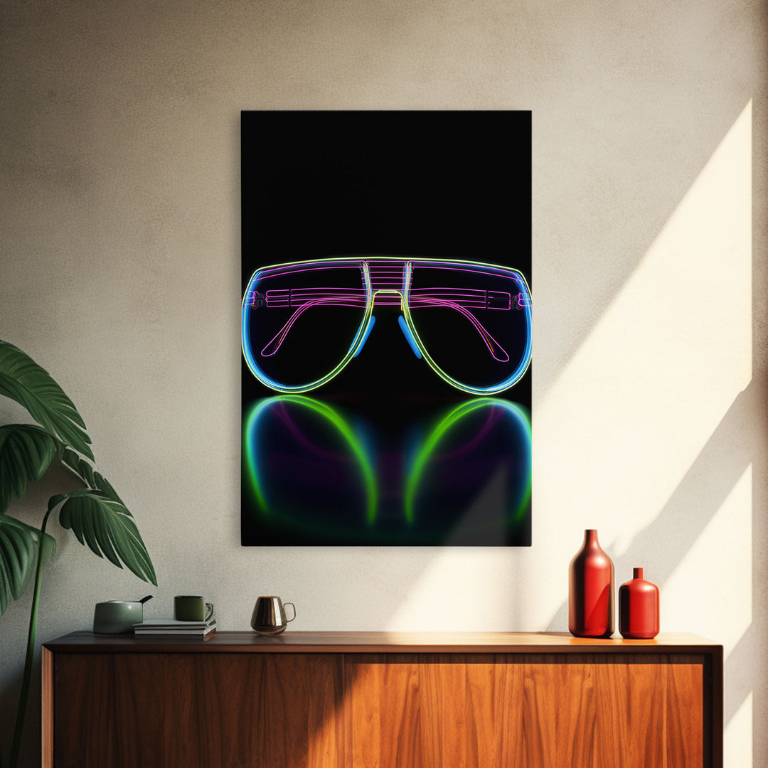 Neon Lights Eye Glasses Wall Decor, Glowing Art Print, Vibrant Art, Minimalist Print, Wall Decor, Canvas Print, Wall Art, Framed Canvas