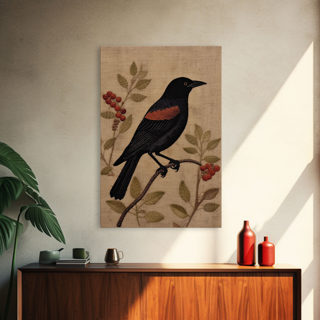 Raven Print, Antique Bird Painting Print, Vintage Drawing Framed Canvas Print Wall Art, Black Raven, bird nature print, bird lovers gift