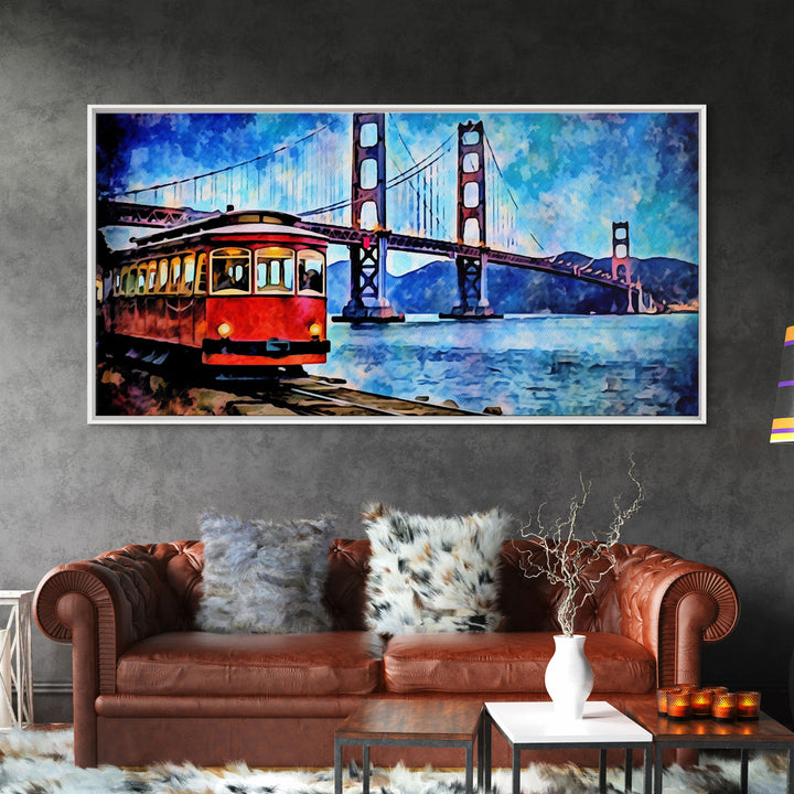 Watercolor Golden Gate Bridge Wall Art, Cable Car, San Francisco, Panoramic Wall Decor, Canvas Print, Wall Art, Framed Canvas Art