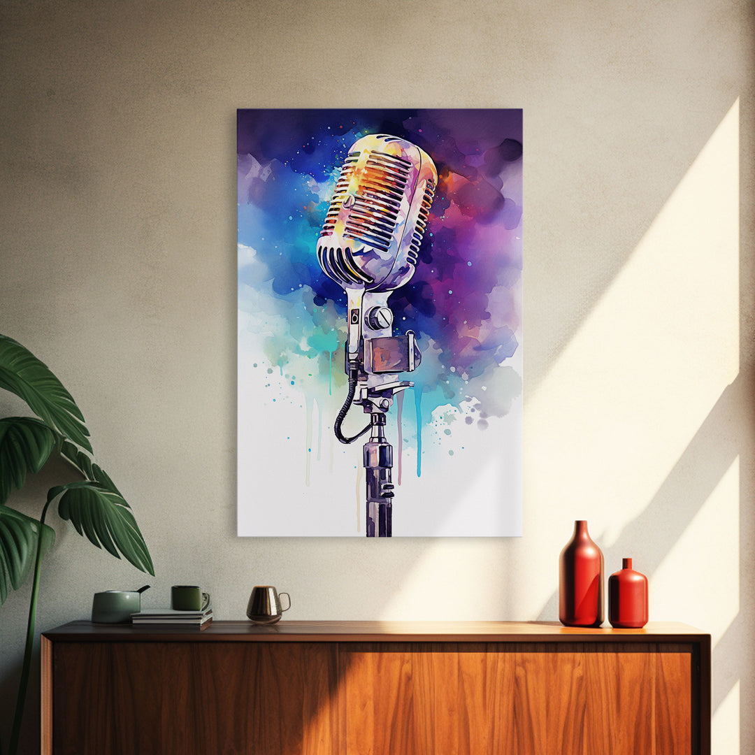 Neon Graffiti Splatter Paint Microphone Art, Vintage Microphone Painting Framed Canvas Print, Studio Wall Art, Music Studio Decor