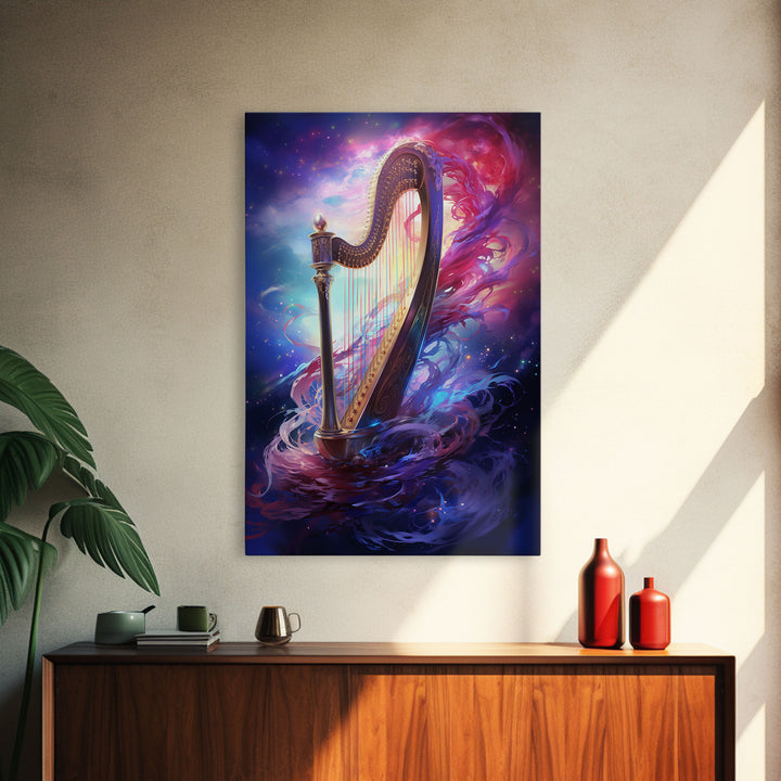 Heavenly Harp Among The Stars, Harp Art, Harp Print, Framed Canvas Art, Harp Wall Decor, Music Gift